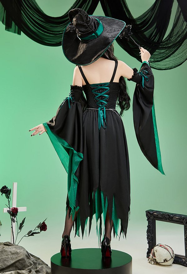 Shego Dérivé Halloween Gothique Sorcière Costume Halter Top and Irregular Skirt with Sleeves and Hat