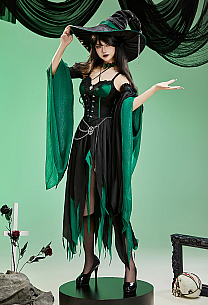 Shego Derivative Halloween Gothic Witch Costume Halter Top and Irregular Skirt with Sleeves and Hat