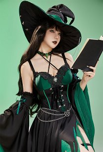 Shego Derivada Halloween gótico disfraz de bruja Halter Top y falda irregular con mangas y sombrero