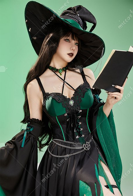 Shego Derivada Halloween gótico disfraz de bruja Halter Top y falda irregular con mangas y sombrero