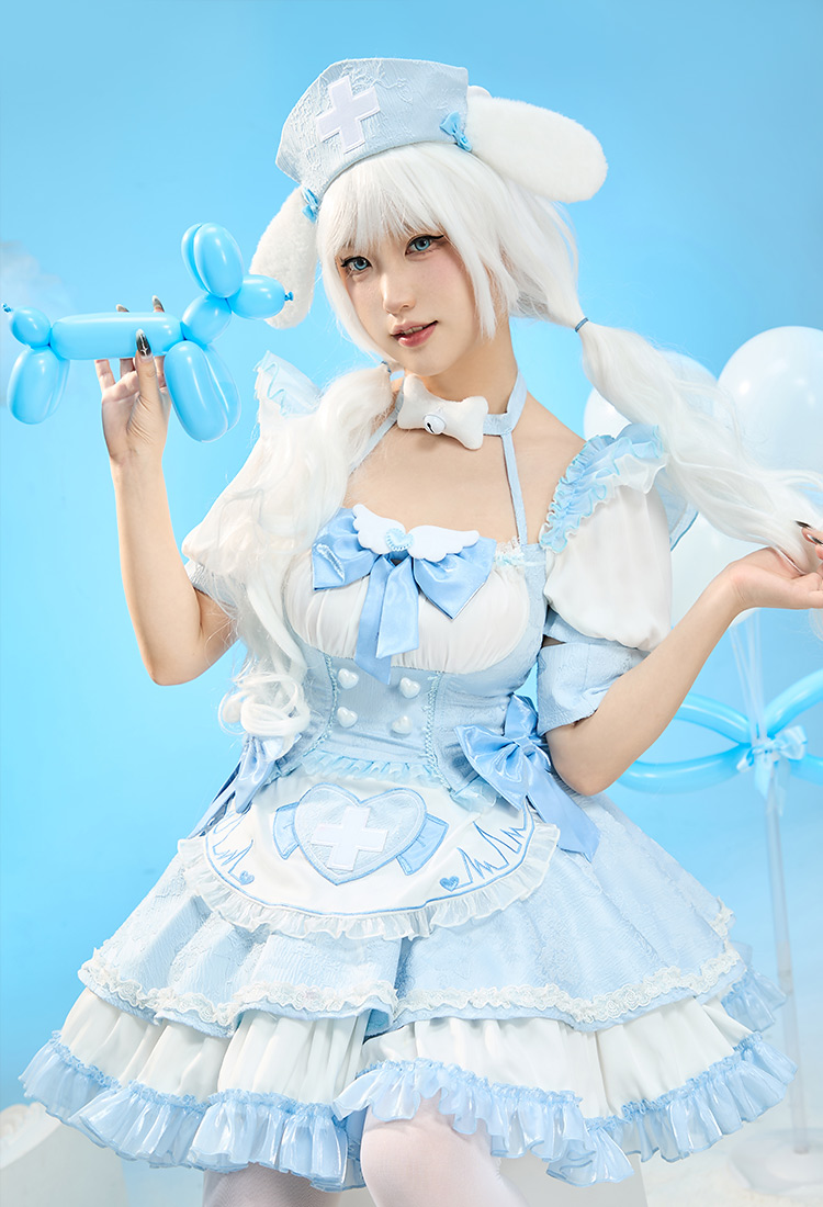 Anime Doll Derivative Kawaii Nurse Lolita Set Halloween Costume Top and Skirt with Apron and Hat