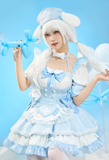 Anime Doll Derivative Kawaii Nurse Lolita Set Halloween Costume Top and Skirt with Apron and Hat