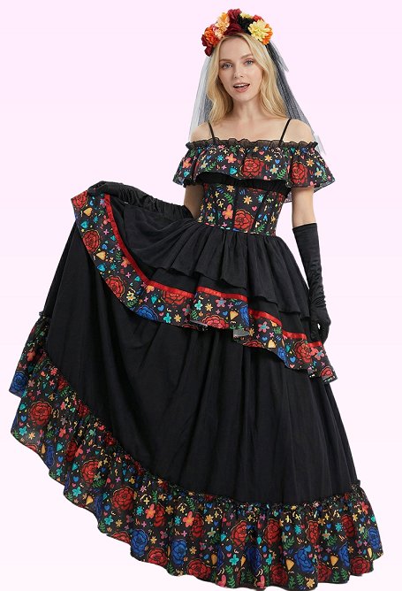 Day of the Dead Floral Print Dress Halloween Zombie Bride Spaghetti Strap Dress with Headband and Gloves