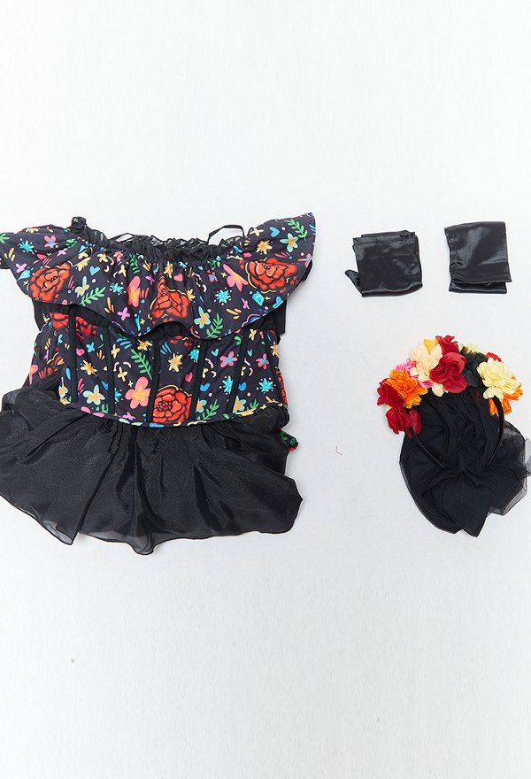 Day of the Dead Floral Print Dress Halloween Zombie Bride Spaghetti Strap Dress with Headband and Gloves