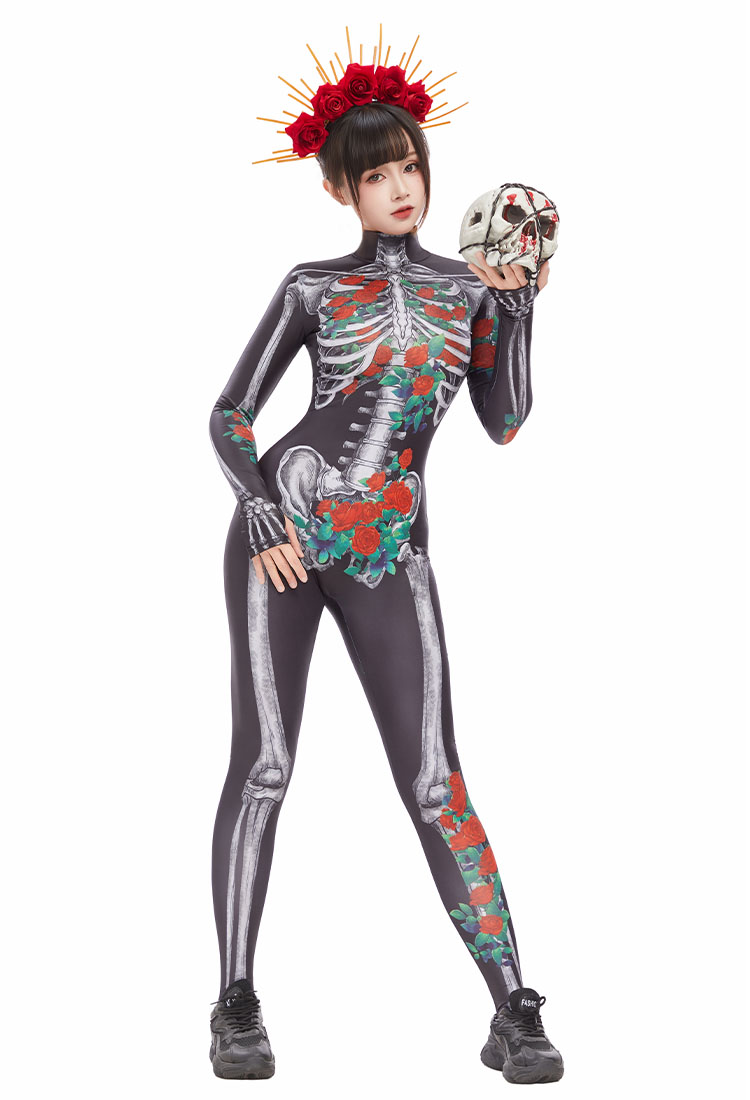 Halloween Día de los Muertos Cráneo Body con estampado de calavera gótica con rosa
