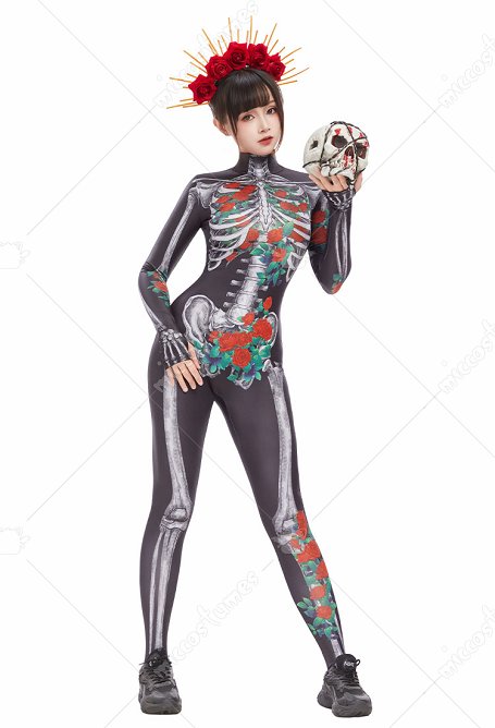Halloween Día de los Muertos Cráneo Body con estampado de calavera gótica con rosa