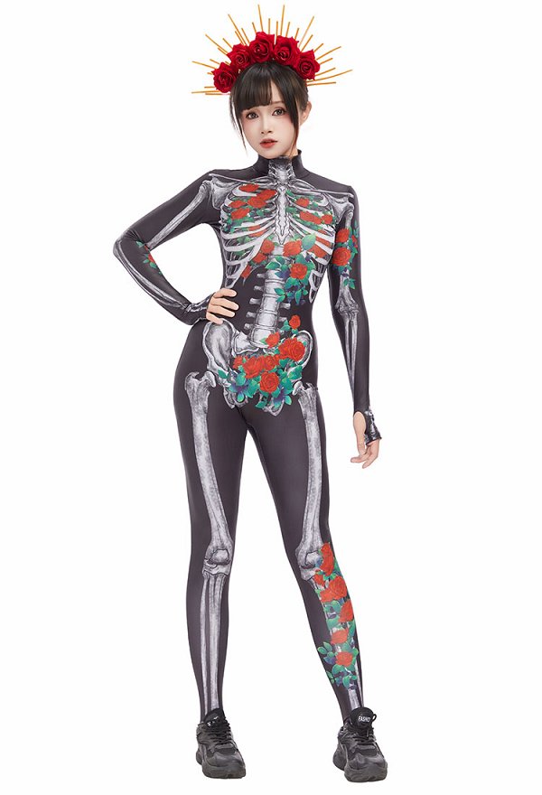 Halloween Day of the Dead Skull Print Bodysuit Gothic Rose Print Jumpsuit Halloween Day of the Dead Skull Print Bodysuit Gothic Rose Print Jumpsuit