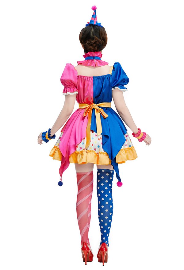 Halloween Colorful Circus Clown Costume Sweetheart Ensemble robe avec ceinture et coiffe