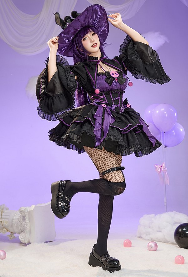 Anime Muñeca Derivada Halloween Bruja Disfraz Set Gothic Lolita Vestido con Capa y Sombrero