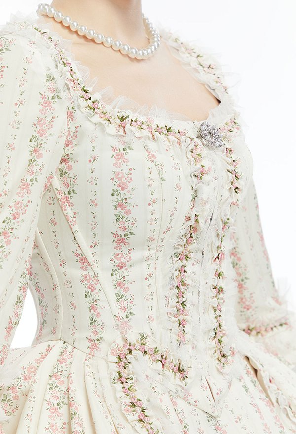 Marie Antoinette Cosplay Costume Floral Suit Rococo Victorian Ball Gown Top and Skirt with Brooch