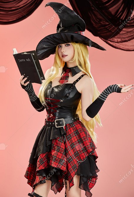 Libro de la Muerte Misa Derivada Halloween Bruja Cosplay Disfraz Chaleco de Tirantes y Falda Irregular con Sombrero