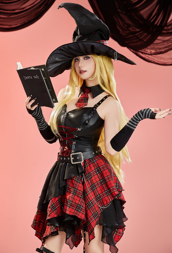 Libro de la Muerte Misa Derivada Halloween Bruja Cosplay Disfraz Chaleco de Tirantes y Falda Irregular con Sombrero
