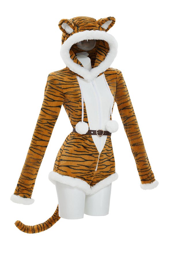Combinaison sexy en peluche pour la maison avec capuche en fourrure imprimé tigre queue et ceinture