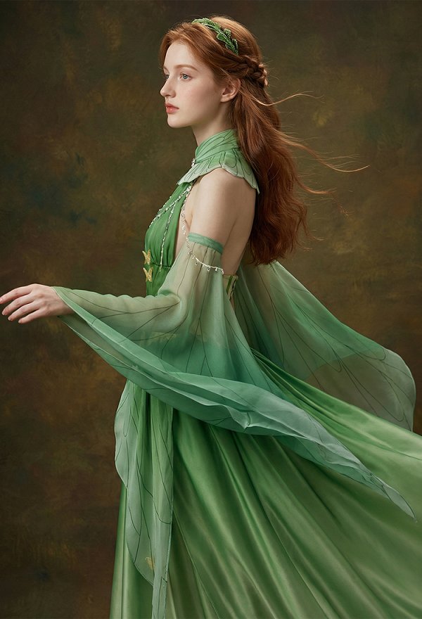Daizbella Medieval Renacentista Conjunto de Vestido de hada mariposa verde con mangas onduladas