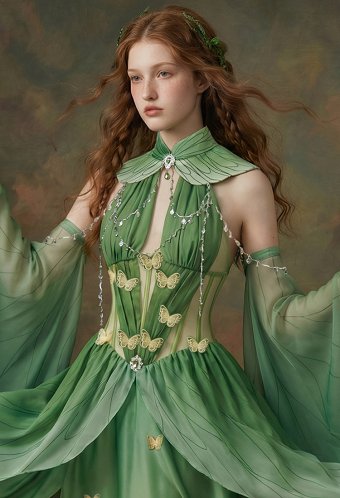Daizbella Medieval Renacentista Conjunto de Vestido de hada mariposa verde con mangas onduladas