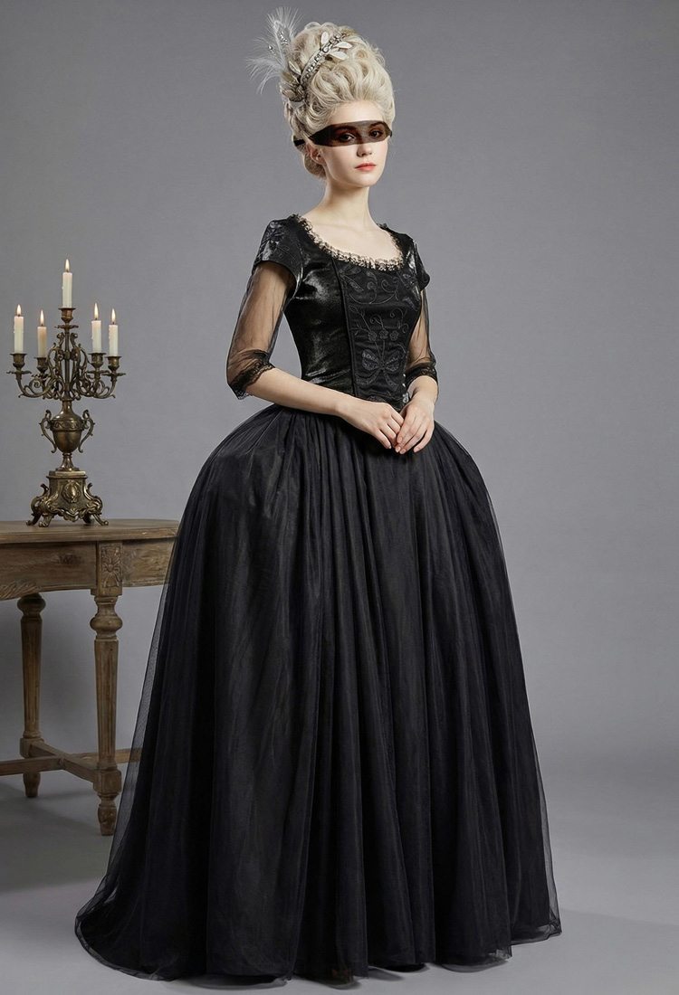 Vintage Marie Antoinette Queen Cosplay Disfraz Top y falda elástica con máscara para los ojos