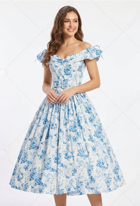 Vestido retro de los años 50 con estampado de flores hombros al aire y cinturón