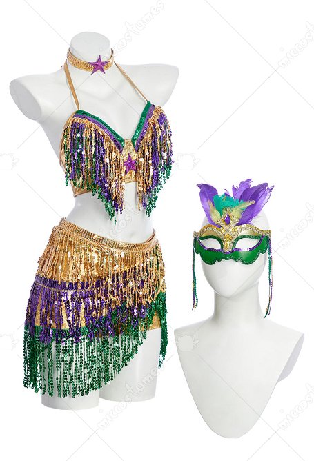 Traje de cosplay con flecos de Mardi Gras top y falda pantalón con máscara y mangas