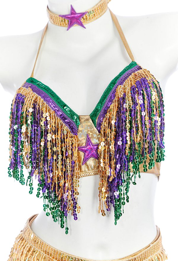Traje de cosplay con flecos de Mardi Gras top y falda pantalón con máscara y mangas