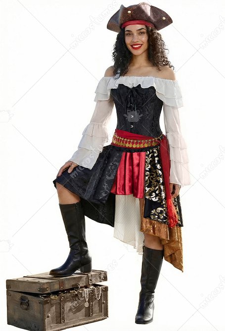 Costume de pirate pour femme pour Halloween chemisier à épaules dénudées et jupe asymétrique avec ceinture et chapeau