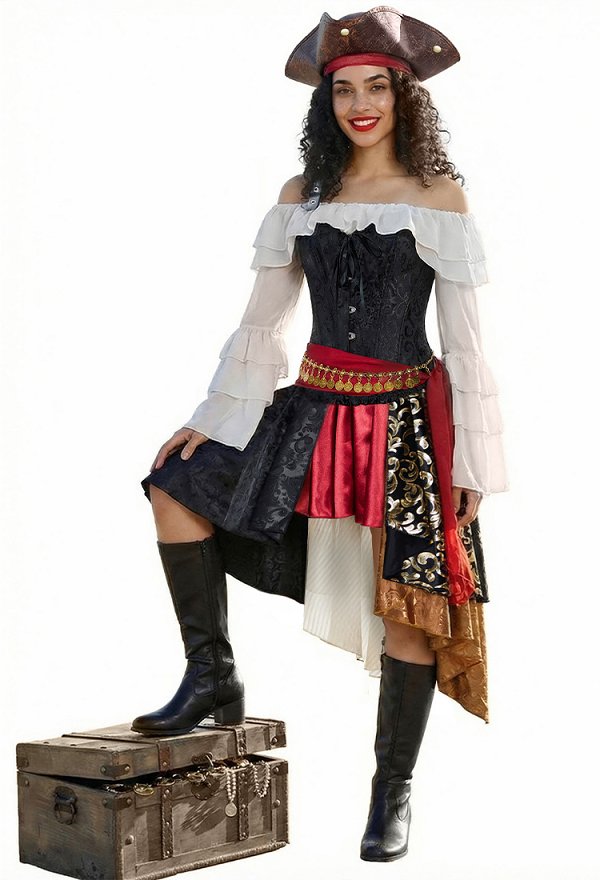 Costume de pirate pour femme pour Halloween chemisier à épaules dénudées et jupe asymétrique avec ceinture et chapeau