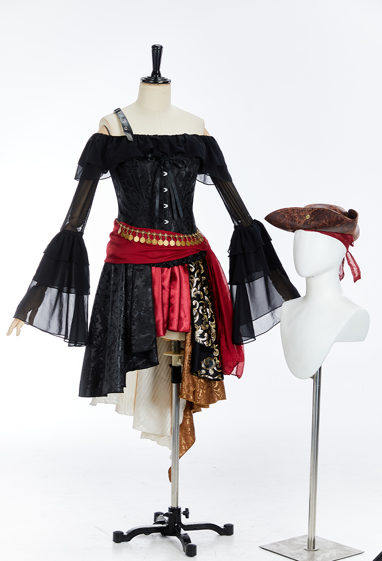 Costume de pirate pour femme pour Halloween chemisier à épaules dénudées et jupe asymétrique avec ceinture et chapeau