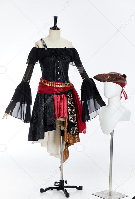 Halloween Damenpiraten Kostüm Schulterfreie Bluse und unregelmäßiger Rock Gürtel Hut