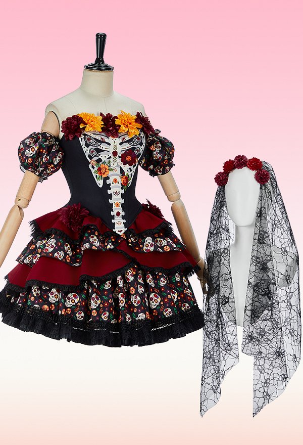 Día del cráneo de azúcar muerto impresión floral vestido conjunto de Halloween Zombie novia corset sin tiras y falda con velo