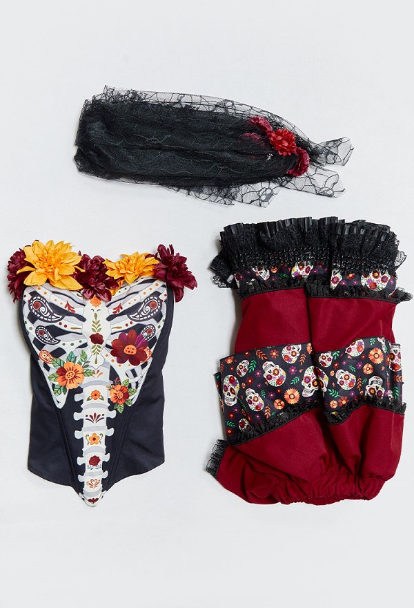 Día del cráneo de azúcar muerto impresión floral vestido conjunto de Halloween Zombie novia corset sin tiras y falda con velo