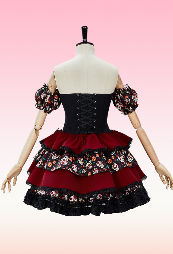 Día del cráneo de azúcar muerto impresión floral vestido conjunto de Halloween Zombie novia corset sin tiras y falda con velo