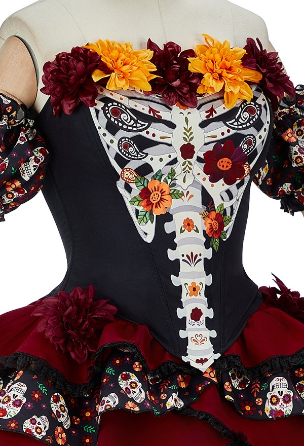 Día del cráneo de azúcar muerto impresión floral vestido conjunto de Halloween Zombie novia corset sin tiras y falda con velo