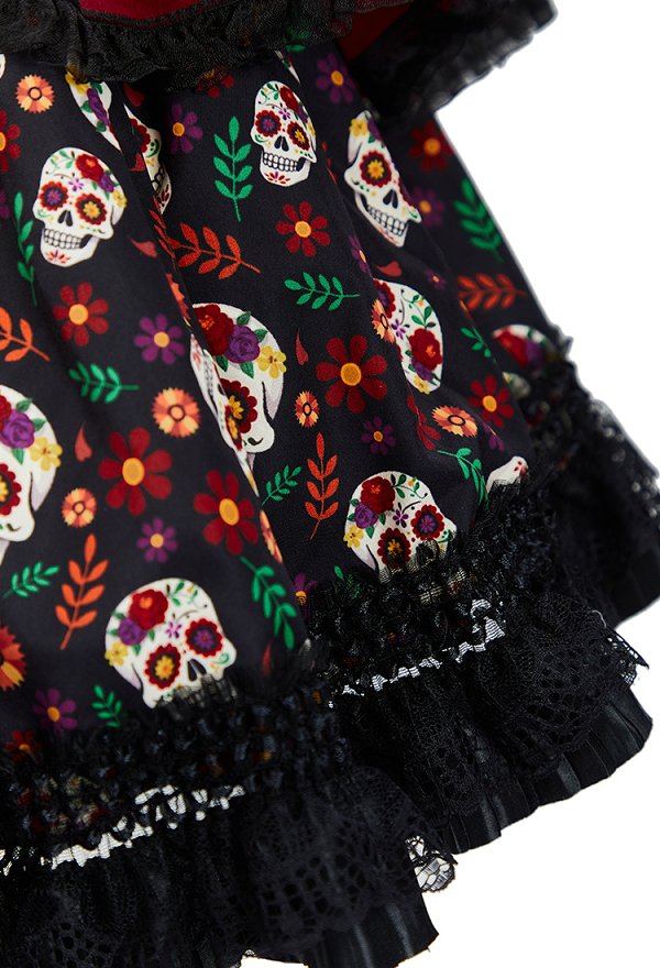 Día del cráneo de azúcar muerto impresión floral vestido conjunto de Halloween Zombie novia corset sin tiras y falda con velo