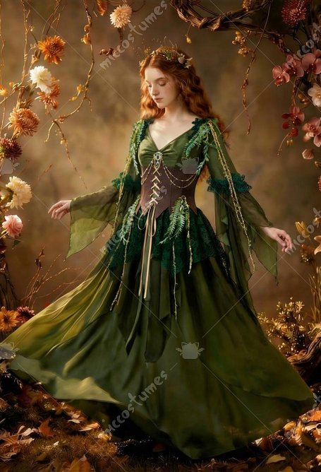 Daizbella Estilo medieval retro Dryad Elf Dress V-neck Vestido irregular con corsé y broche