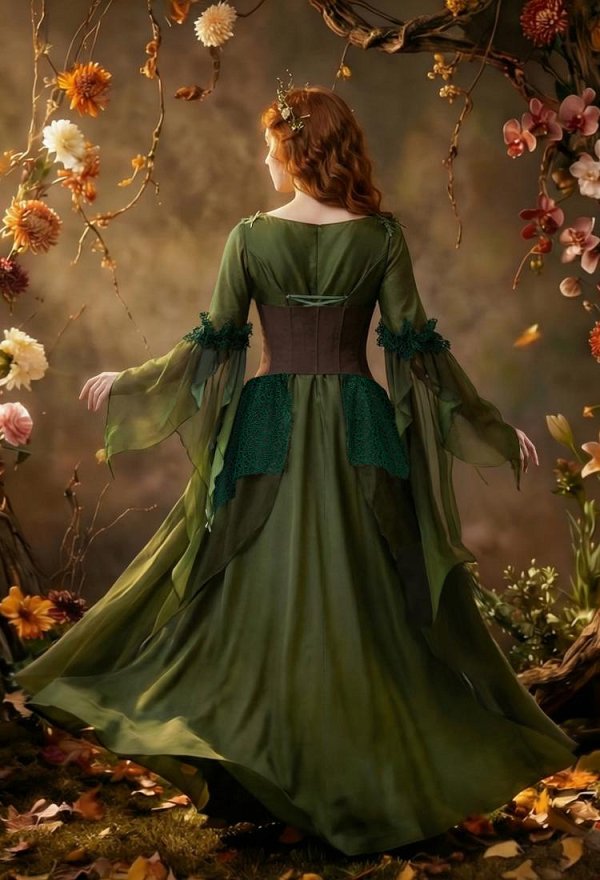 Daizbella Estilo medieval retro Dryad Elf Dress V-neck Vestido irregular con corsé y broche Daizbella Estilo medieval retro Dryad Elf Dress V-neck Vestido irregular con corsé y broche