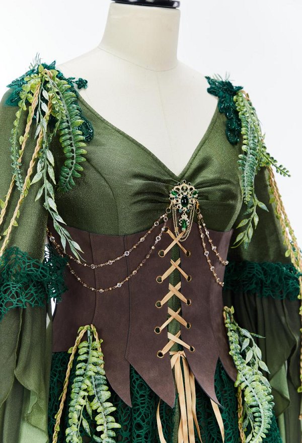 Daizbella Estilo medieval retro Dryad Elf Dress V-neck Vestido irregular con corsé y broche Daizbella Estilo medieval retro Dryad Elf Dress V-neck Vestido irregular con corsé y broche