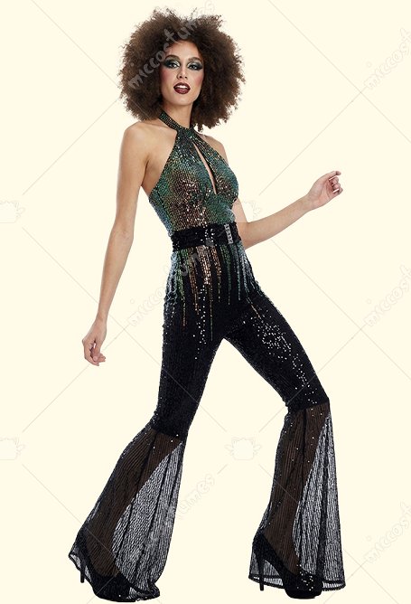 1970s Retro Disco Outfit Sparkly Sequin Halter-neck Bodysuit with Belt