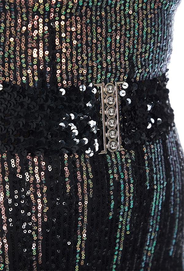 1970 Retro Disco Outfit Brillante Lentejuelas Cuello Halter Bodysuit con Cinturón