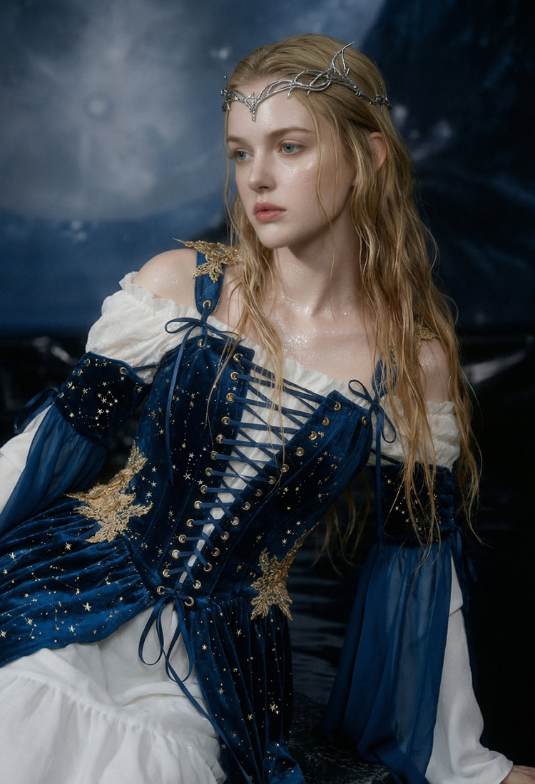 Daizbella Vestido de Terciopelo Azul Estilo Elfo Renacimiento Medieval con Mangas