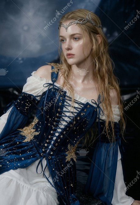 Daizbella Vestido de Terciopelo Azul Estilo Elfo Renacimiento Medieval con Mangas