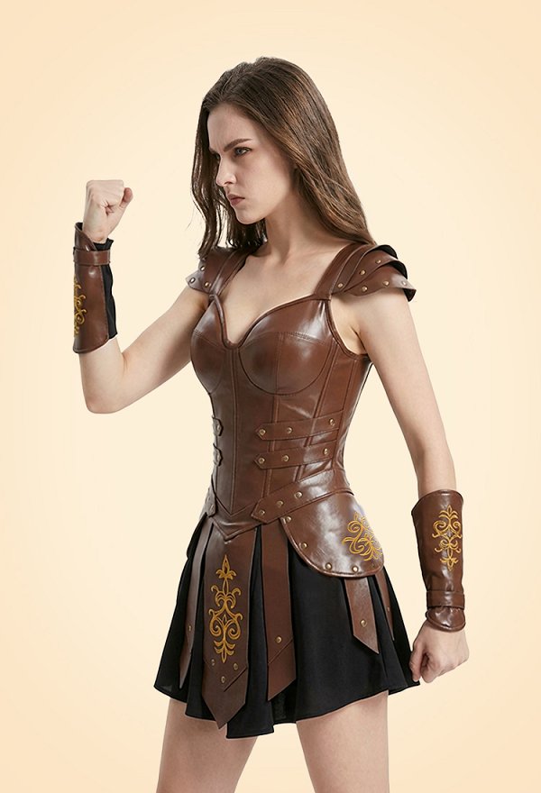 Tenue de gladiatrice romaine antique robe-corset de guerrière avec bracelets et gantelets