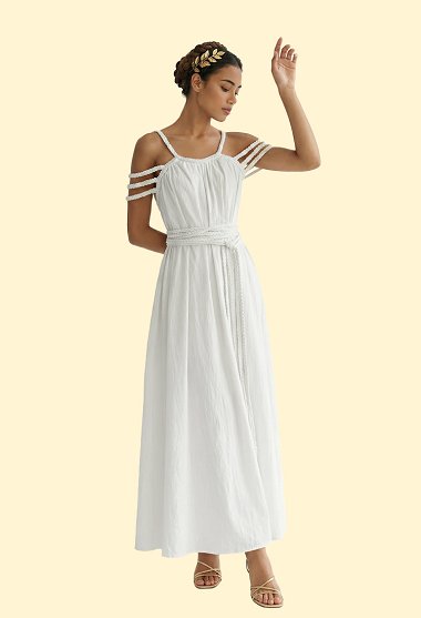 Diosa griega vestido largo vestido de cuerda trenzada minimalista con cinturón