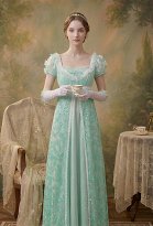 Daizbella Regency-era Mint Green High-waisted Dress with Gloves and Belt Daizbella Regency-era Mint Green High-waisted Dress with Gloves and Belt