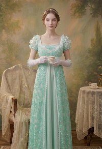 Daizbella Regency-era Mint Green High-waisted Dress with Gloves and Belt