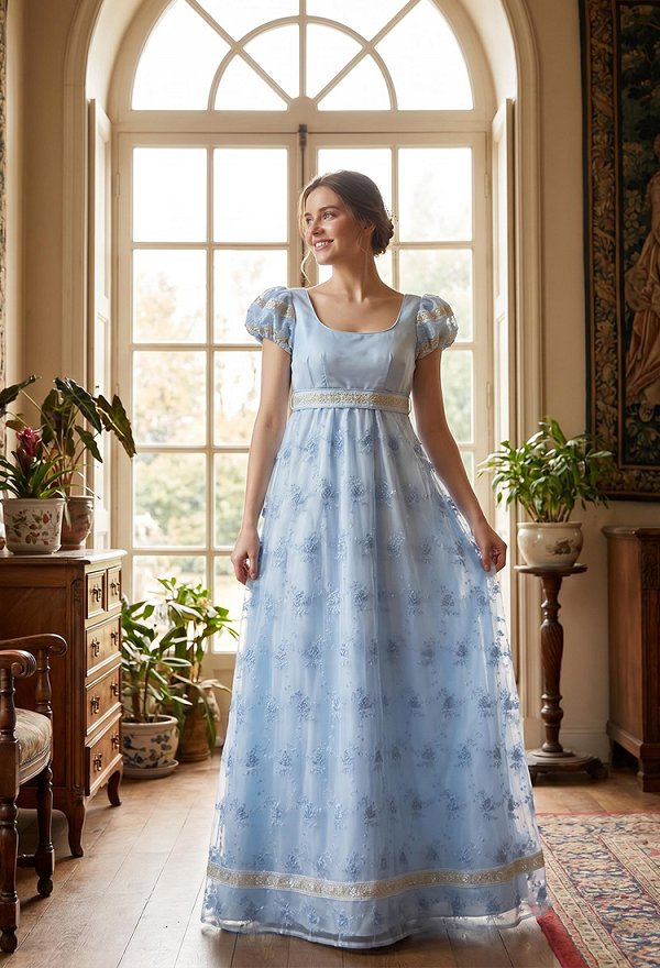 Regency-era Dress Retro Elegant High-waisted Dress with Puff Sleeves and Belt