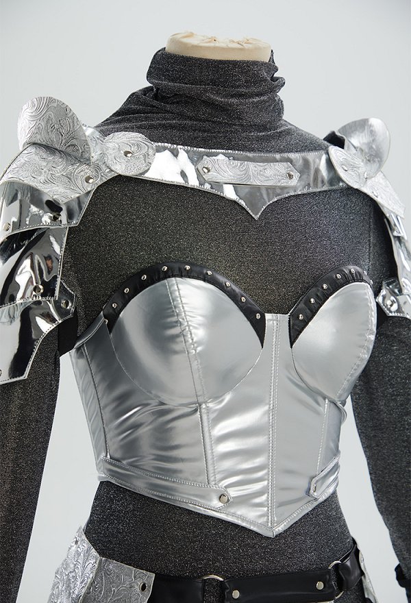 Daizbella Medieval Chainmail Mujer Guerrero Traje Irregular Falda Interior Hombro Armadura y Corset
