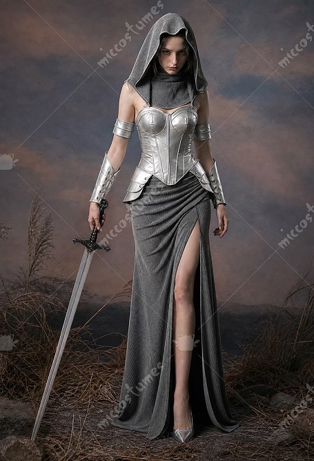 Daizbella Corset y Falda de Vestido de Guerrero Femenino Elegante de Cadena Medieval con Capucha y Guatera de Cuello