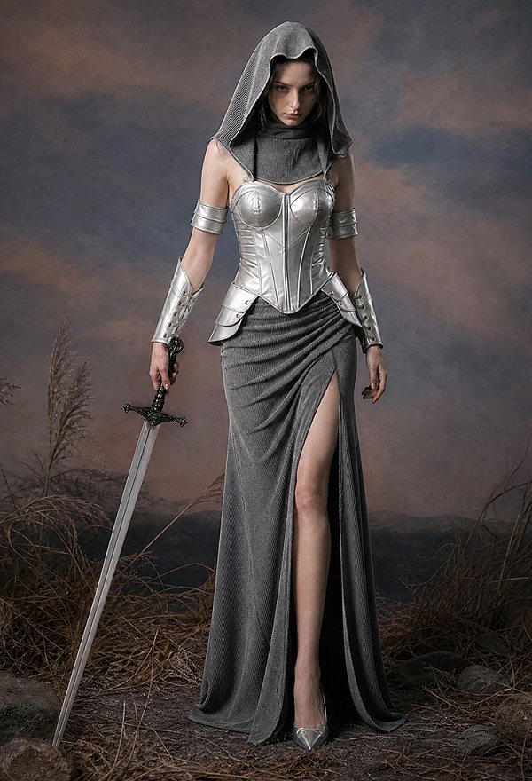 Daizbella Corset y Falda de Vestido de Guerrero Femenino Elegante de Cadena Medieval con Capucha y Guatera de Cuello
