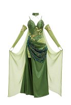 Halloween Medusa Grünes Kleid Elf-Stil Trägerkleid mit Umhang und Handschuhen