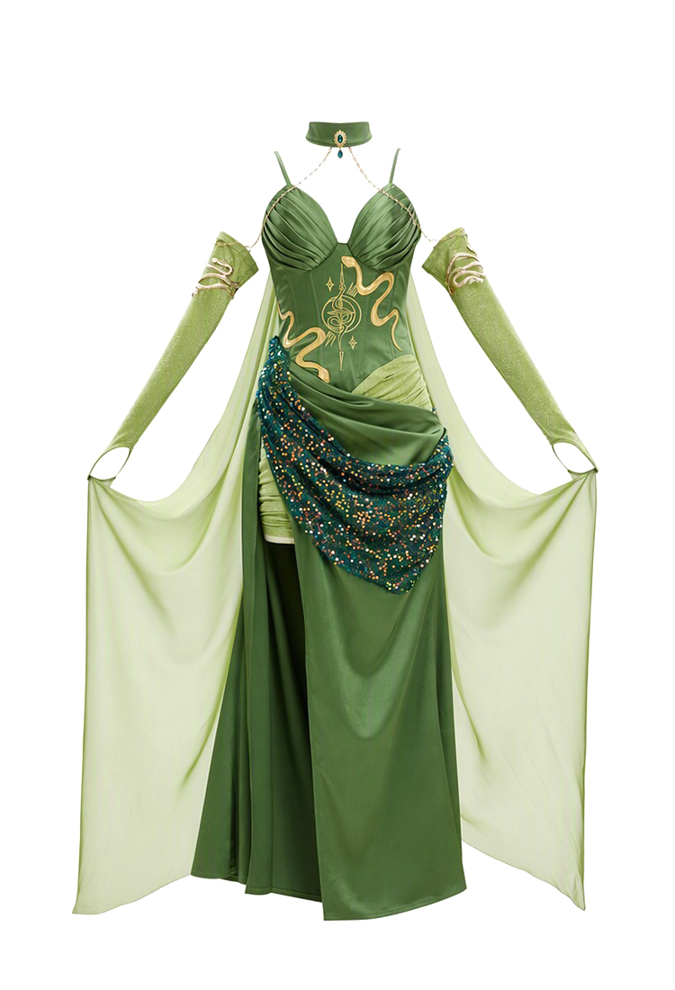Halloween Medusa Grünes Kleid Elf-Stil Trägerkleid mit Umhang und Handschuhen