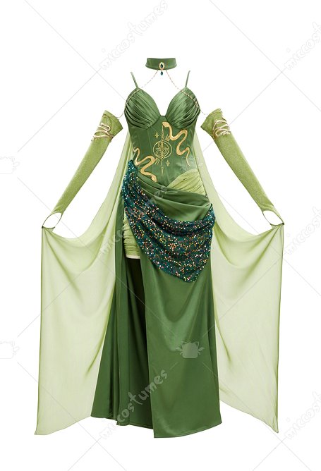 Halloween Medusa Grünes Kleid Elf-Stil Trägerkleid mit Umhang und Handschuhen